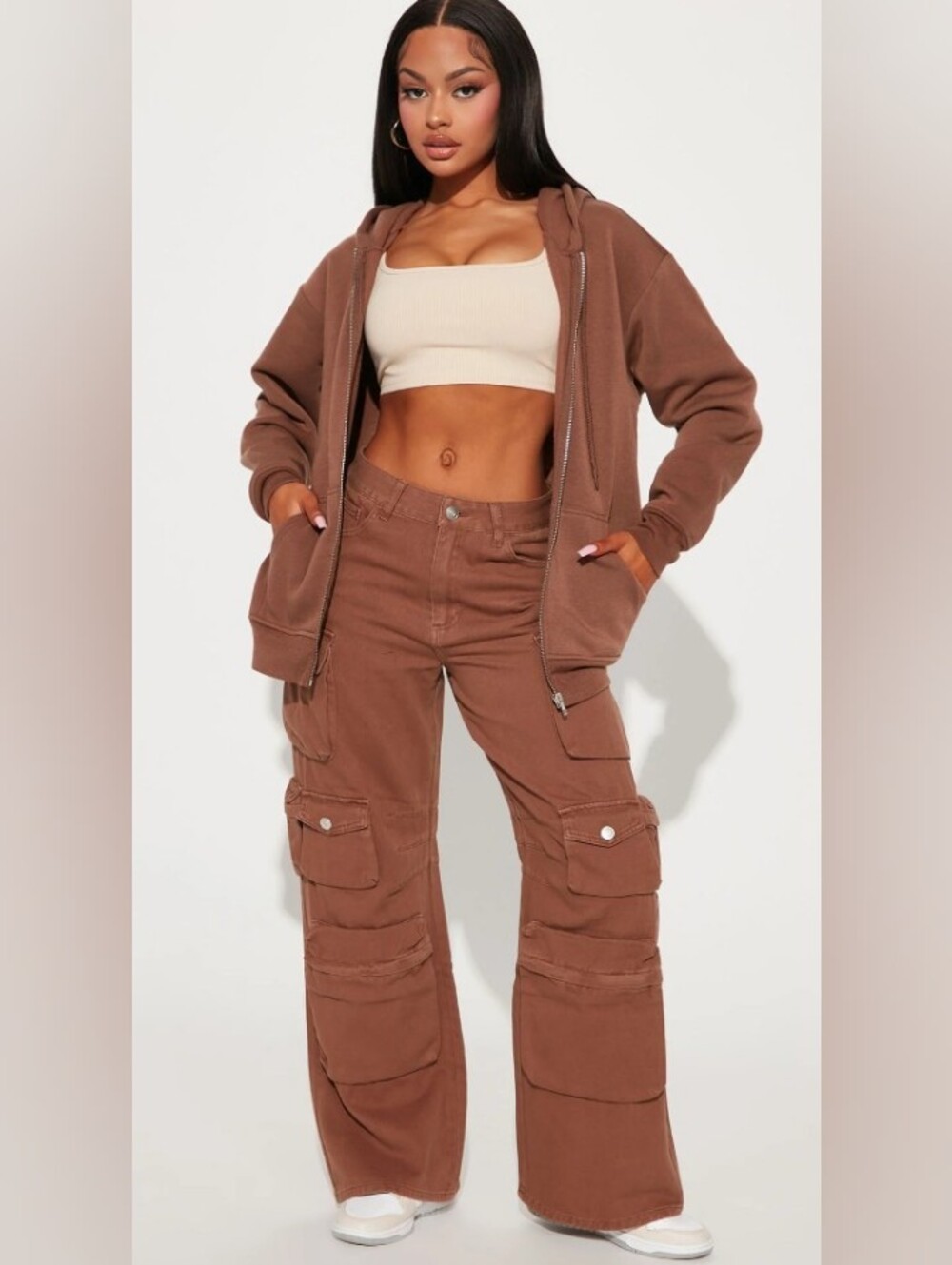 FN High Rise Brown Cargo Wide Leg Jeans %100 Cotton